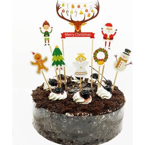 8pcs Christmas Elk Wreath Flag Insert Cake Decorating Card Kids Party Celebration Cupcake Topper With Bamboo Stick Glue Dots