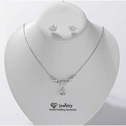 CC Wedding Jewelry sets Long Necklace Stud Earring for Women Water Drop Shape Cubic Zircon Simple Design Fine Bijoux Gift TL199