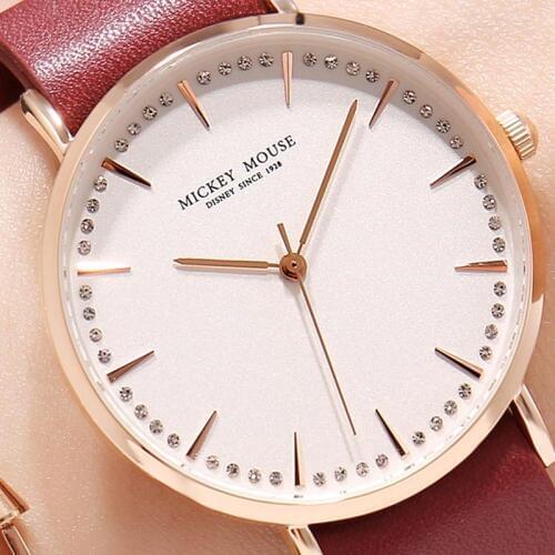 Disney Watch Quartz Round Womens Simple Fashion Casual Wristwatches Luxury Rhinestone Red Clock Mickey Mouse Montre MK-11190