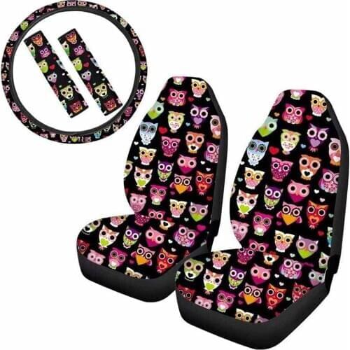 INSTANTARTS Lovely Cartoon Owl Design 5 Set Car Interior Seat Covers Non-skid Steering Wheel Cover Set Stylish Car Seat Pads
