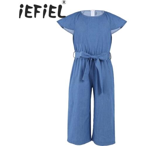 Summer Kids Baby Girls Clothes Denim Flying Sleeve Romper Jumpsuit Playsuit Children Long Pants Outfits 4 6 8 10 12 14 16 Year