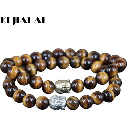 KEJIALAI 2018 2pcs Natural Yellow Tiger Eye Stone Round Beads Charm Bracelet Women Mercy Buddha Head Men Stretch Bracelet A0551