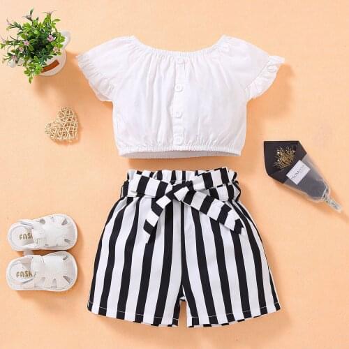 Baby Girl 2 Pieces Set 2 3 4 5 Years Fashion Little Girl Sets Tops Stripe Shorts Outfits Kids Clothing KF1019