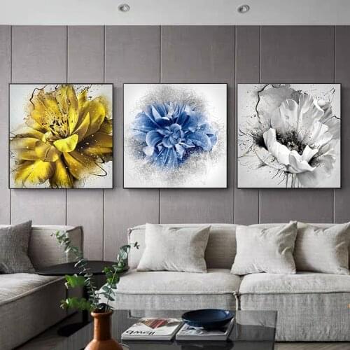 Scandinavian Blue Golden Flower Posters and Print Abstract Wall Art Canvas Painting Home Decor Nordic Pictures for Living Room