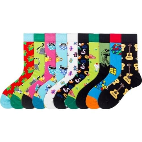 Peonfly Men Combed Cartoon Cat Dog Bear Corn Geometric Novelty Funny Casual Cotton Socks