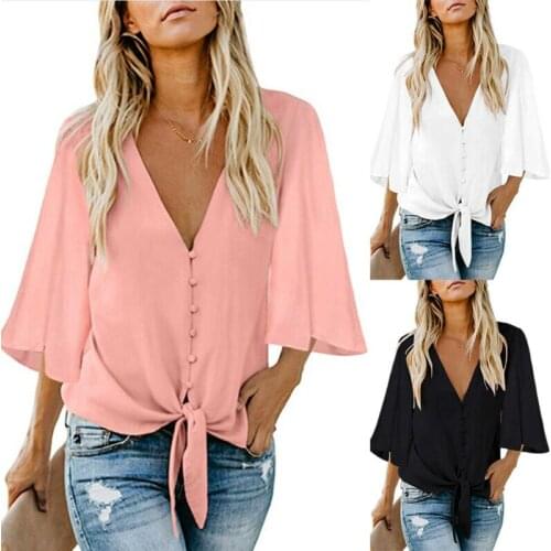 2019 Newest Hot Women Short Ruffle Sleeve Loose Shirts Ladies Summer Casual Blouse Tops Shirt Sexy Deep V Neck Tops