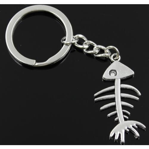 New Fashion Men 30mm Keychain DIY Metal Holder Chain Vintage Fish Bone 42x21mm Silver Color Pendant Gift