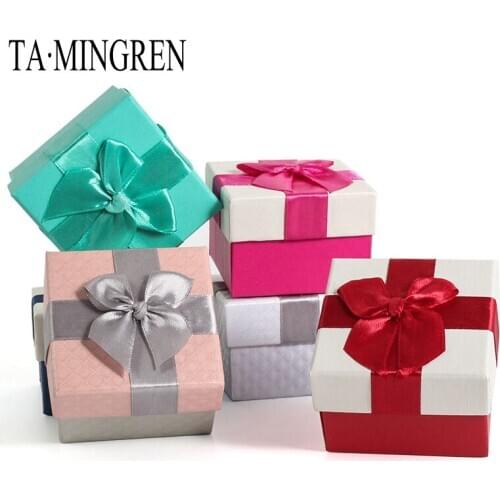 New High-end Pink Ribbon Bow Paper Wedding Ring Box Earring Jewelry Storage Case Gift For Lovers 5 Colors Available
