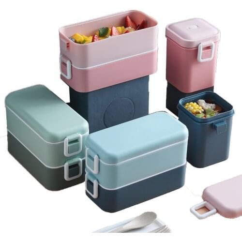 New Microwave Lunch Containers Box Double-layer Wheat Straw Food Storage Container School Kids Portable Bento Box Lunch Bag