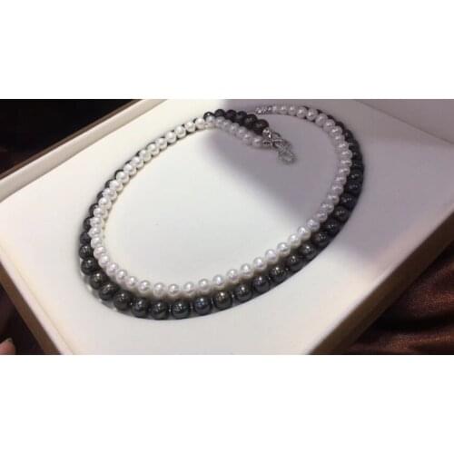D413 Pearl Necklace Fine Jewelry Natural Almost Round 7-10mm Fresh Water White and Black Pearls Necklaces