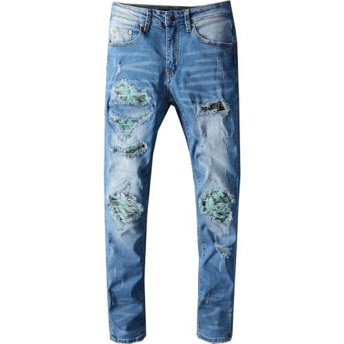 SEVEYFAN 2021 Mens Fashion Skinny Biker Jeans Beads Pleated Patchwork Denim Pants for Male