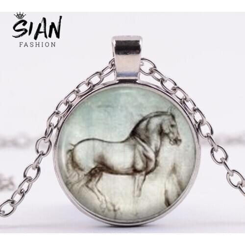 SIAN Leonardo Da Vinci Sketch Horse Artist Necklace Nostalgic Vintage Art Painting Handmade Glass Cabochon Pendant Necklace Gift