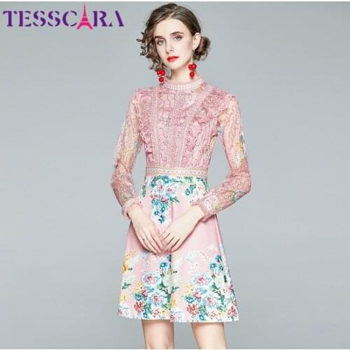 TESSCARA Women Spring Elegant Sequin Lace Dress Festa High Quality Pink Wedding Party Robe Femme Floral Designer Short Vestidos