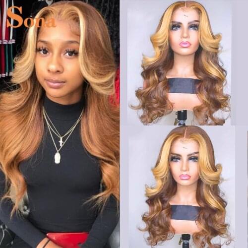 Highlighted Lace Front Wigs Preplucked Ombre 360 Lace Frontal Wig Colored Human Hair Wig with Highlight