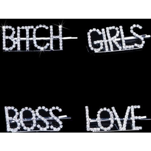 Fashion Crystal Hair Clip for Women BITCH BOOS GIRLS letter Barrette Stick Hairpin Hair Accessories