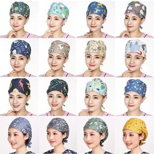 Unisex Scrubs Caps Flower Cartoon Printed Bandage Adjustable Caps Women Hair Cover Anti-dust Workwear Christmas Hats Accessories