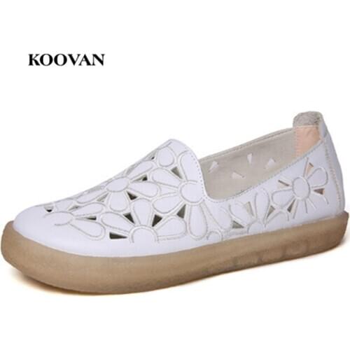 Koovan Womens Flats 2018 New Flower Hollow Real Leather Hole Summer Shoes Mori Girls Retro Pregnant Mother White Women Shoes