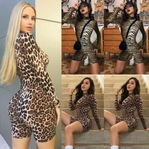 Women Sexy Leopard Print Long Sleeve Turtle Neck Body suit Leotard Playsuit Casual Club Party Jumpsuit Romper