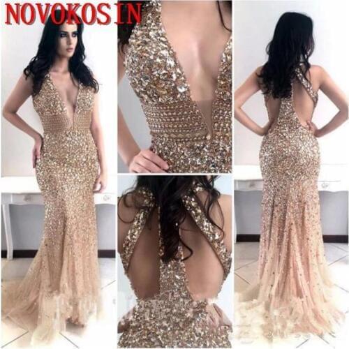 Beading Mermaid Evening Dresses Long Vestido de Festa Halter V Neck Crystal Beaded Formal Party Prom Gown Robe de Soiree 2019