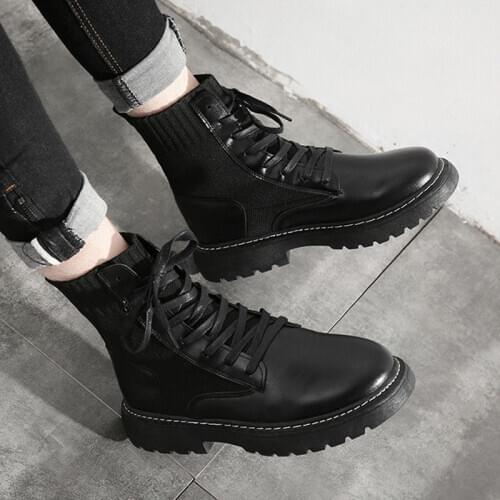 Mens Boots Mid-Top Tooling Boots Hight-Top British Mens Shoes Autumn Trendy Shoes Breathable Couple Black Leather Boots