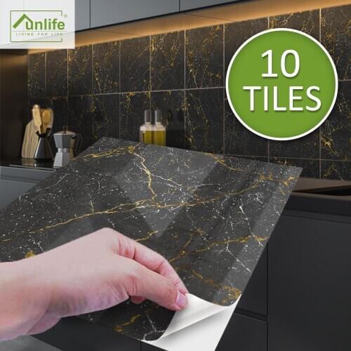 Funlife® BRILLIANT™ 15/20cm Black and Gold Marble Tile Sticker Waterproof PVC DIY Wall Sticker for Bathroom Kitchen Home Decor
