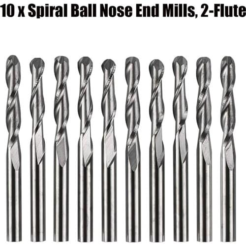 10pc CNC 3.175mm Shank Router Bit Engraving Bit 2 Flute Ball/Flat Nose Spiral End Mill for Woodworking Precision Processing