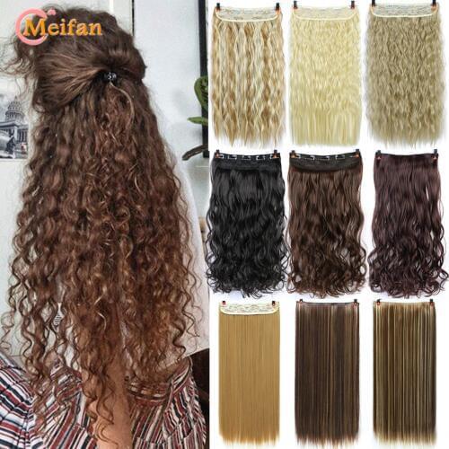 MEIFAN Long Straight/Curly Clip in One Piece Synthetic Hair Extension Red Black Brown 5-Clips Fake Hair Piece for Women
