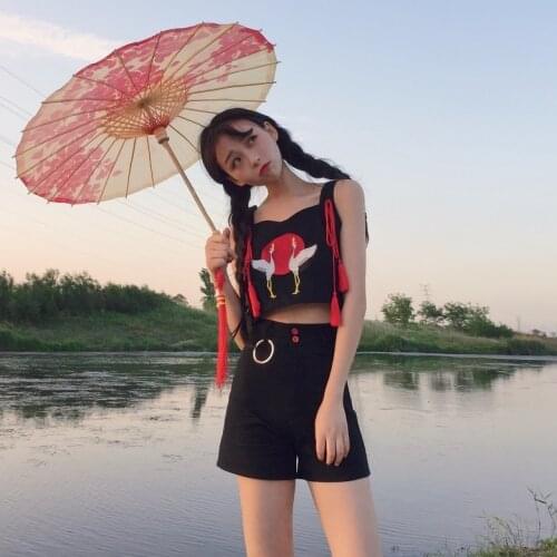 Sweet Womens 2Pcs Set: Crane Embroidery Suspender Short Vest+Empire Waist Shorts Tassel TrimCute Summer Women Fashion Girl