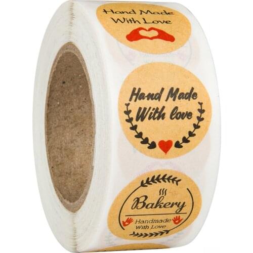 500pcs/roll Homemade With Love Stickers Red heart Design Diary Scrapbooking Stickers Baking Wedding gift Decor Kraft Paper label