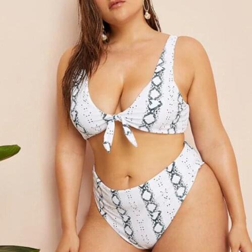 2020 New Style Europe America Large Size High-waisted Fat Snakes Skin Printed Backless Swimwear Extra-large Widened Bathing /30