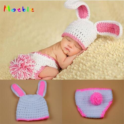 Latest White Rabbit Baby Girl Photography Outfits Crochet Baby Hat&Diaper Set Newborn Photographer Prop 1set MZS-15089
