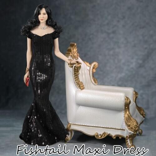 NEW Collectible FT008 1/6 Scale Female Clothes Black Fishtail Maxi Dress With handbag Model for Woman Action Figure Body