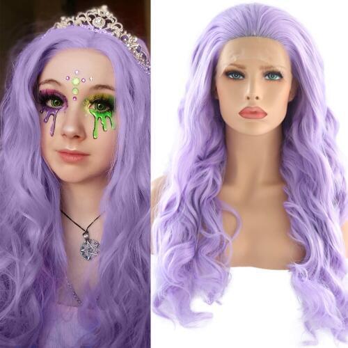 QUINLUX WIGS Per Plucked Lace Frontal Purple Wavy Long Synthetic Wigs Lolita Wigs Cosplay Game High Temperature Heat Fiber