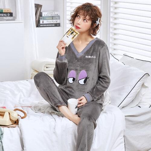 Pyjamas Women Winter Flannel Pajama Set Cartoon 2pcs Home Suit Female Pijama Mujer Long Sleeve Home Clothes Women Sleepwear Pjs