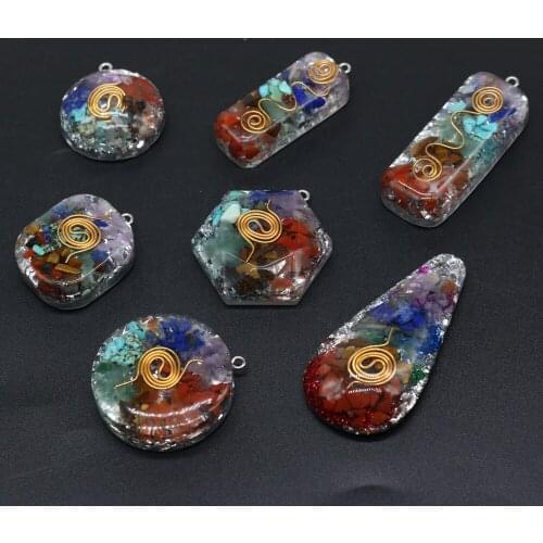 Natural Gravel Seven Chakras Pendant Rectangle Reiki Heal Energy Crystal Pendant for Jewelry Making DIY Necklace Pendant Gift
