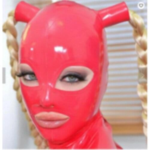 Sex red latex hood women female exotic latex panytail hoods mask lingerie uniform halloween with back zipper
