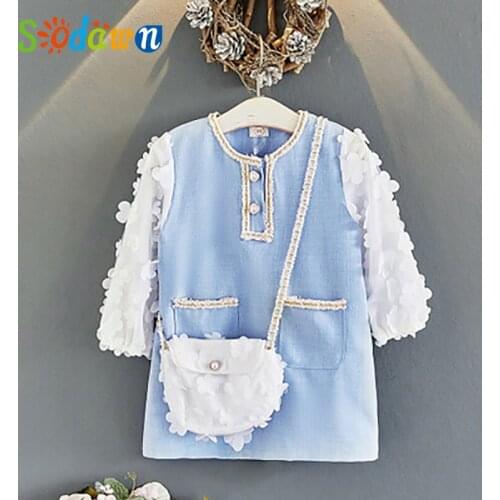 Sodawn Girls Fashion Flower Dress Autumn Kids Clothing Patchwork Mesh Long Sleeve Princess Dress No Bag