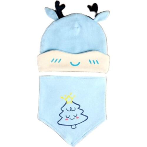 2 Piece Newborn Baby Beanie Cap with Triangle Scarf Drool Bibs Set Cute Christmas Deer Antlers Elastic Cotton Headscarf Hat H9ED