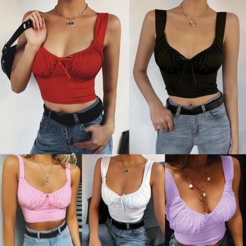 Women Sleeveless Solid Color Crop Top Sexy Low Cut U-Neck Backless Slim Vest Ruched Chest Bowknot Summer Party Clubwear