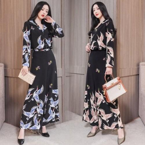 Womens Ol Summer 2 Piece Sets Crane Print Long Sleeve Shirts + Plus Size Black Pants Suit Elegant Women Vintage Sets AA5380