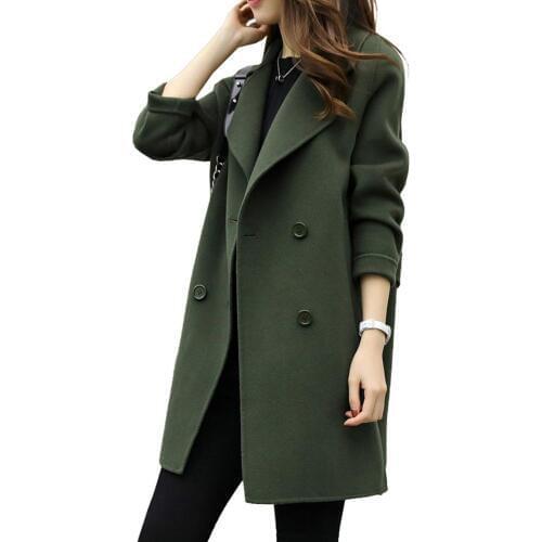 Fashion Women Autumn Winter Solid Color Lapel Double-breasted Midi Coat Woolen Outwear