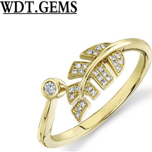 Diamond Leaf Ring 10K Yellow Gold Womens Cocktail Round Cut Natural Open Wrap