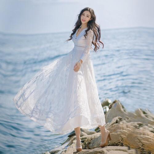 Summer Clothes For Women Lace Beach Dresses Elegant V-neck 3/4 Sleeve Vintage Hollow Out Holiday Party Dress Vestidos De Fiesta