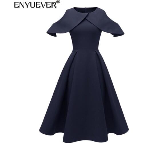 Enyuever Elegant Women Dress Cold Shoulder Ruffle Sleeve Robe Pin Up Swing Vintage Retro Formal Evening Party Ladies Dresses