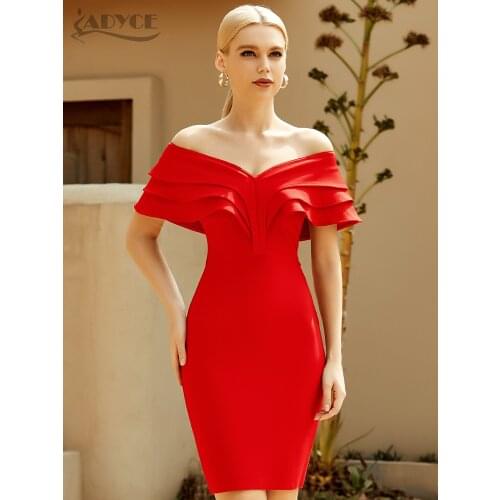Adyce New Summer Women Off Shoulder Short Sleeve Bandage Dress Sexy V Neck Red Ruffles Club Celebrity Evening Party Dresses 2021