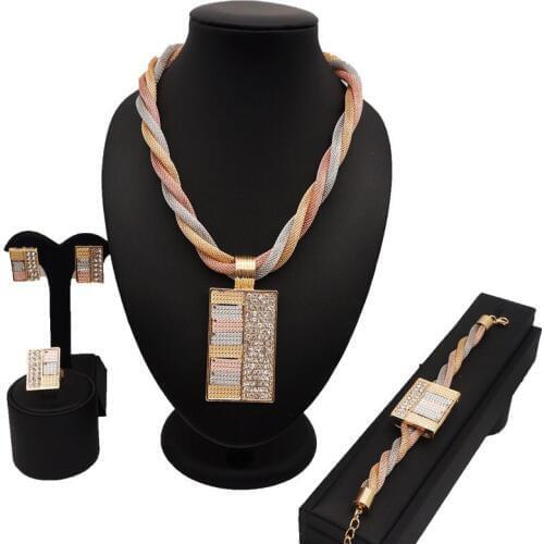 Gold jewelry sets african women necklace fine jewelry sets long chain crystal necklace bracelet pendant bride necklace