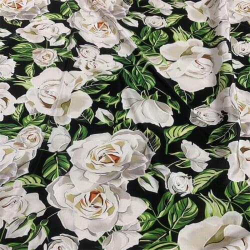 140CM Wide 19MM Huge White Rose Print Black Silk Crepe de Chine Fabric for Summer Dress Shirt Cheongsam Suit Pants G024