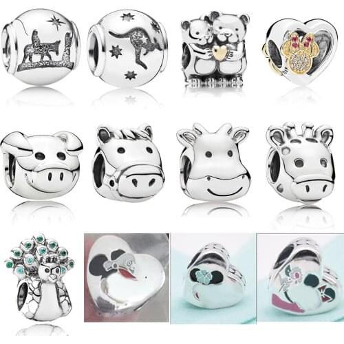 2019 NEW 100% 925 Sterling Silver Heart Shaped Cute Animal Pig Cow Horse Deer Charm Fit DIY Bracelet Fashion Original Jewelry