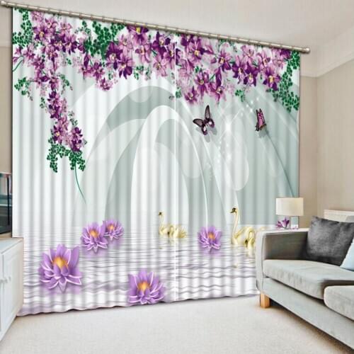 3D Curtain Home Bedroom Decoration Space Purple Flower Pattern Swan Blackout Curtain Fabric 3D Photo Window Curtains