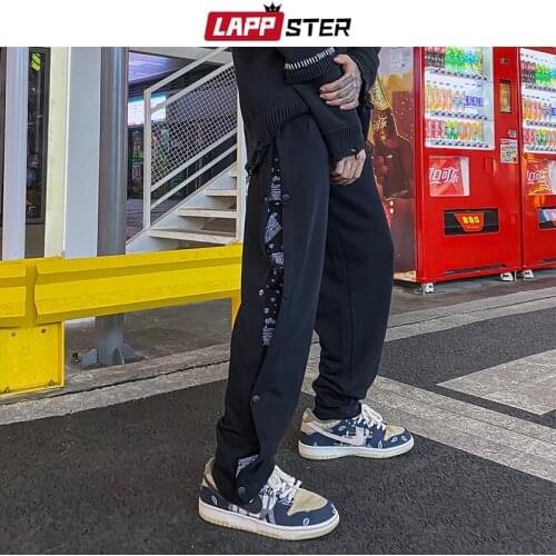 LAPPSTER Men Side Printed Hip Hop Buttons Punk Pants 2021 Spring Mens Patchwork Japanese Streetwear Harem Joggers Black Trousers